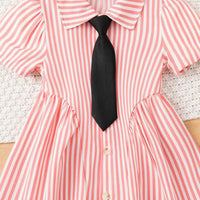 Girls Pink Stripes Button-Down A-line Dress With Short Sleeves Casual Dresses