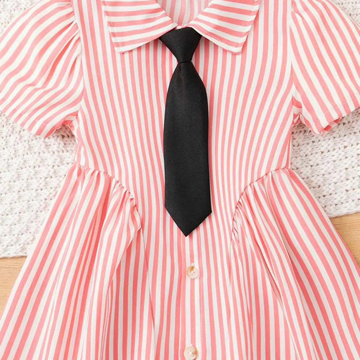 Girls Pink Stripes Button-Down A-line Dress With Short Sleeves Casual Dresses