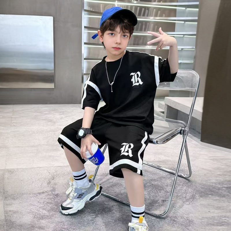 Boys Black Typographic Printed Short Sleeve T-Shirt With Shorts Sets 2 pc. Sets