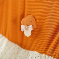 Girls Orange Polka Dot Print Fit & Flare Dress With Mushroom Applique Casual Dresses