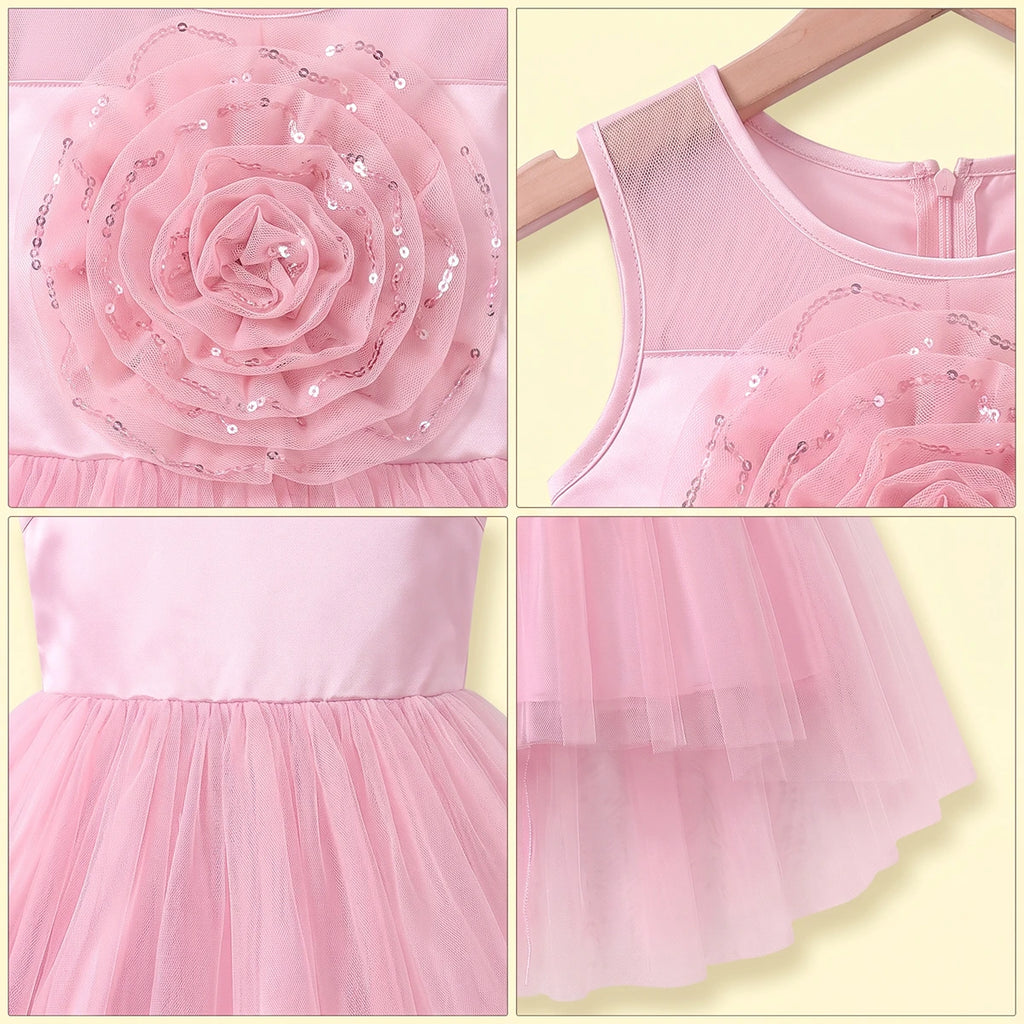 Girls light pink sleeveless high-low party dress with sequin floral applique