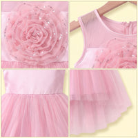 Girls light pink sleeveless high-low party dress with sequin floral applique