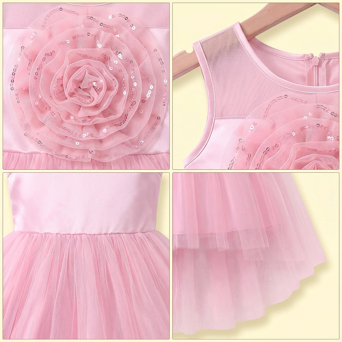 Girls light pink sleeveless high-low party dress with sequin floral applique