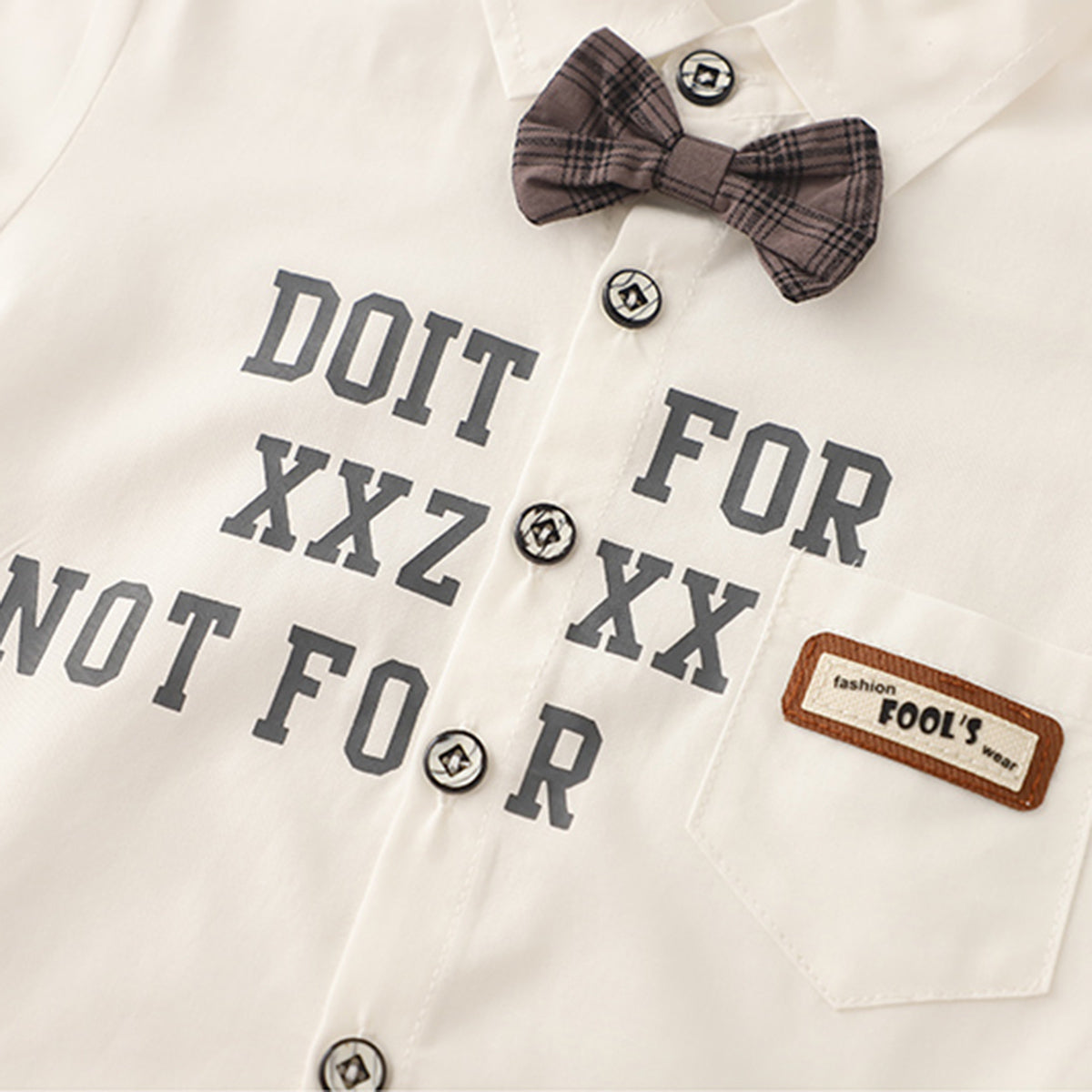Boys White Printed Short Sleeves Shirt With Checked Suspenders Shorts Set Sets