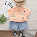 Boys Orange Blue Ocean Print Short Sleeve Shirt With Denim Shorts Set 2 pc. Sets Orange 1-2 Y