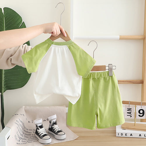 Boys Green Dino Patchwork Raglan Sleeve T-shirt with Shorts Set Sets