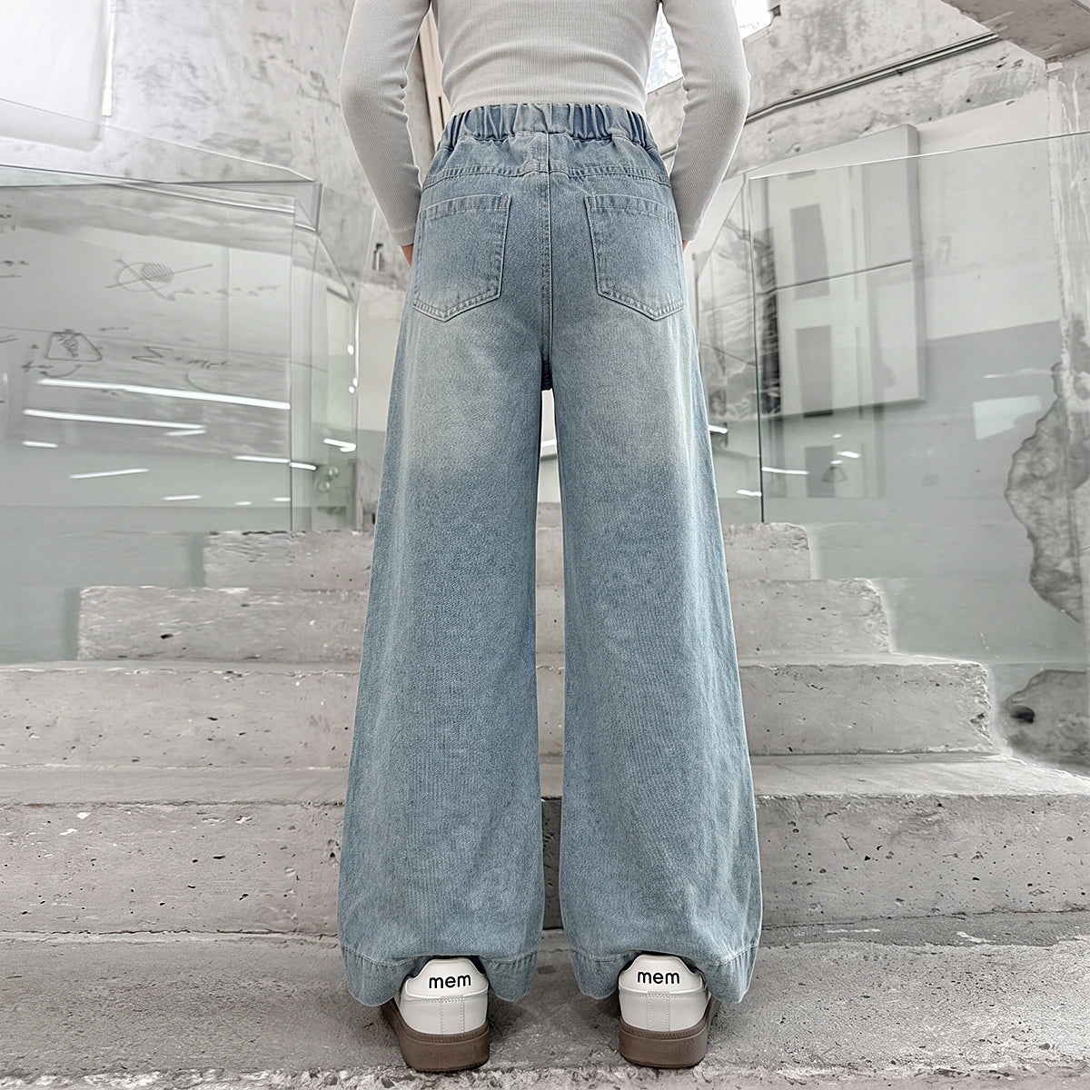 Girls Light Blue Butterfly Applique Relaxed Fit Denim Jeans Pants