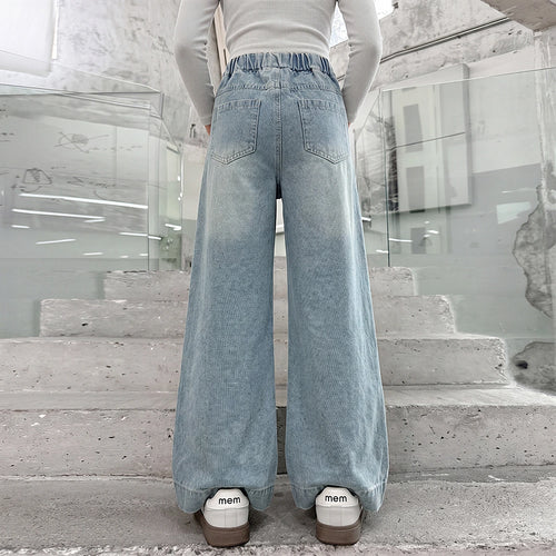 Girls Light Blue Butterfly Applique Relaxed Fit Denim Jeans Pants