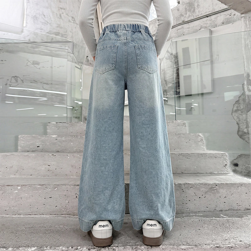 Girls Light Blue Butterfly Applique Relaxed Fit Denim Jeans Pants