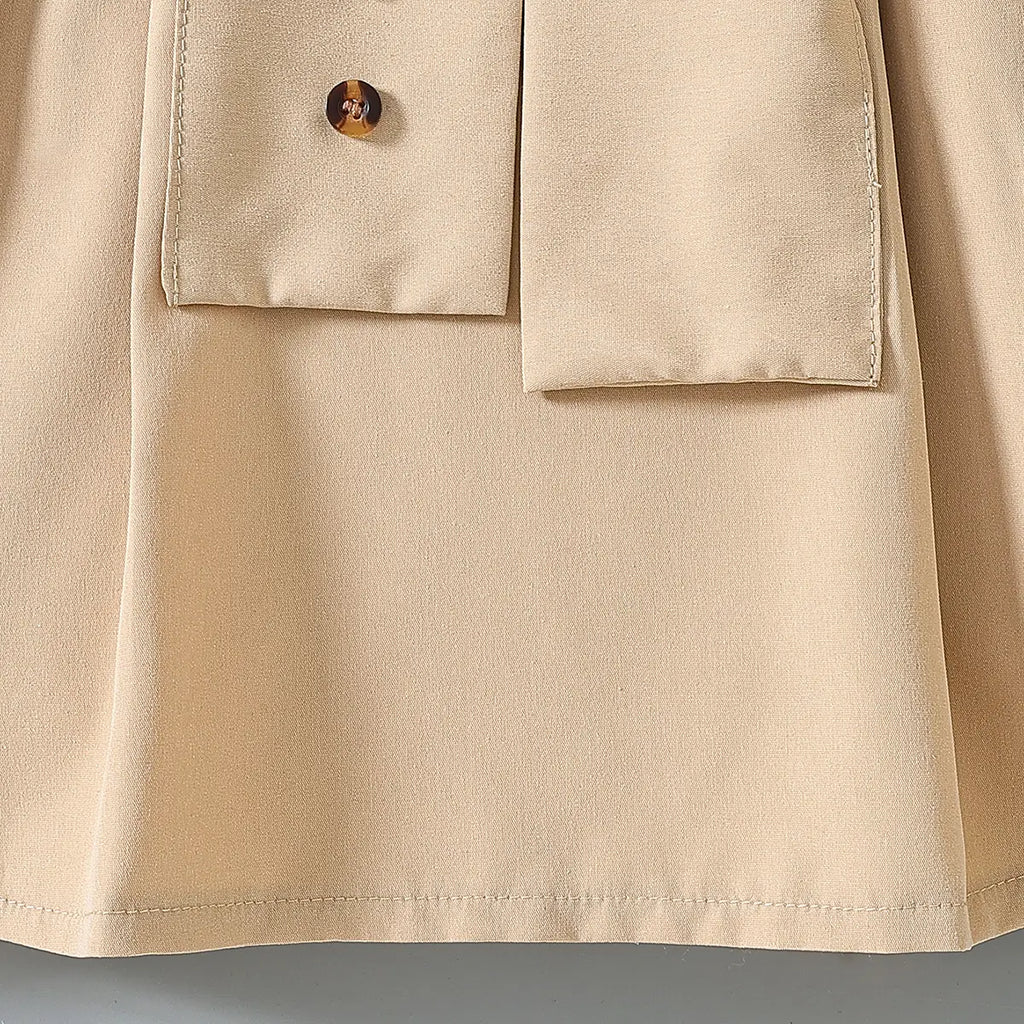 Girls Khaki Short Sleeves Pleated Shirt Dress Casual Dresses