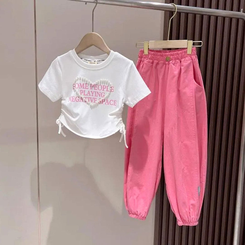 Girls Pearl Heart Short Sleeve Top With Elasticated Joggers