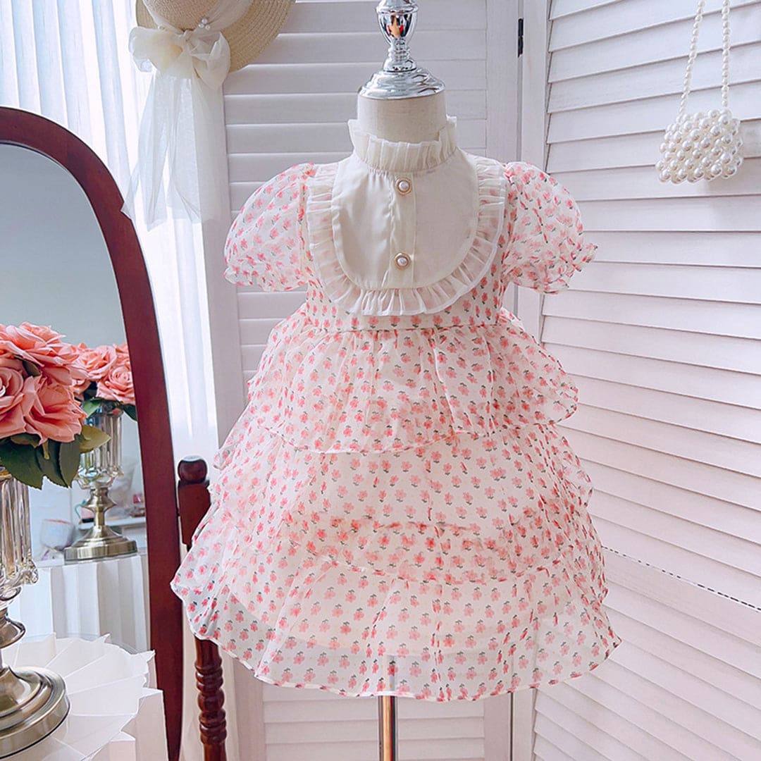 Girls Floral Print Tiered Party Dress Party Dresses Peach 1-2 Y 