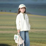 Girls Off White Fleece Half Zipper Jacket