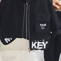 Boys Black Typographic Printed Hooded Sweatshirt With Sleeveless Jacket & Joggers Set Sets