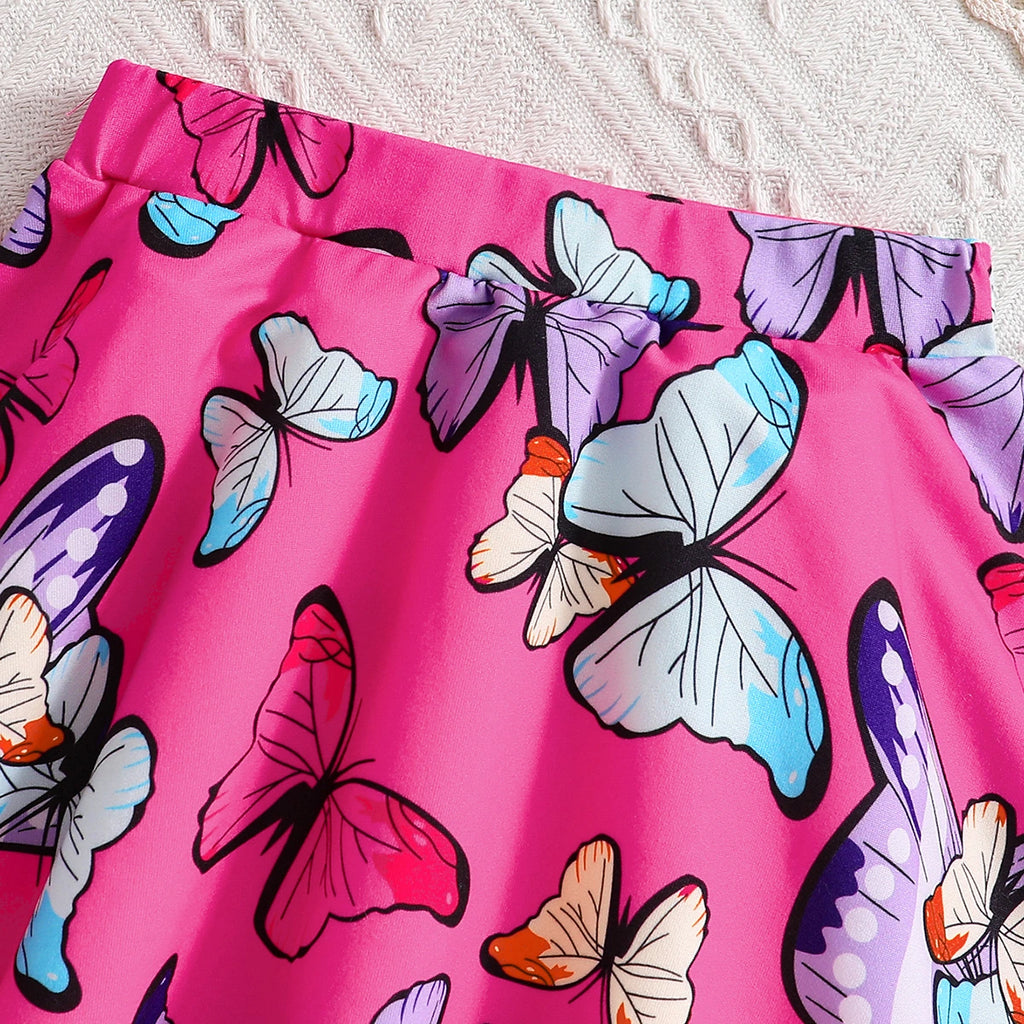 Girls Fuchsia Crop Top With Camisole Top And Butterfly Printed Skirt Sets 3 pc. Sets