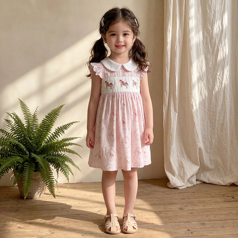 Girls Light Pink Horse Print Flutter Sleeve A-Line Dress Casual Dresses