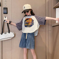 Girls Graphic Print T-Shirt With Denim Shorts Set Sets White 6-7 Y 