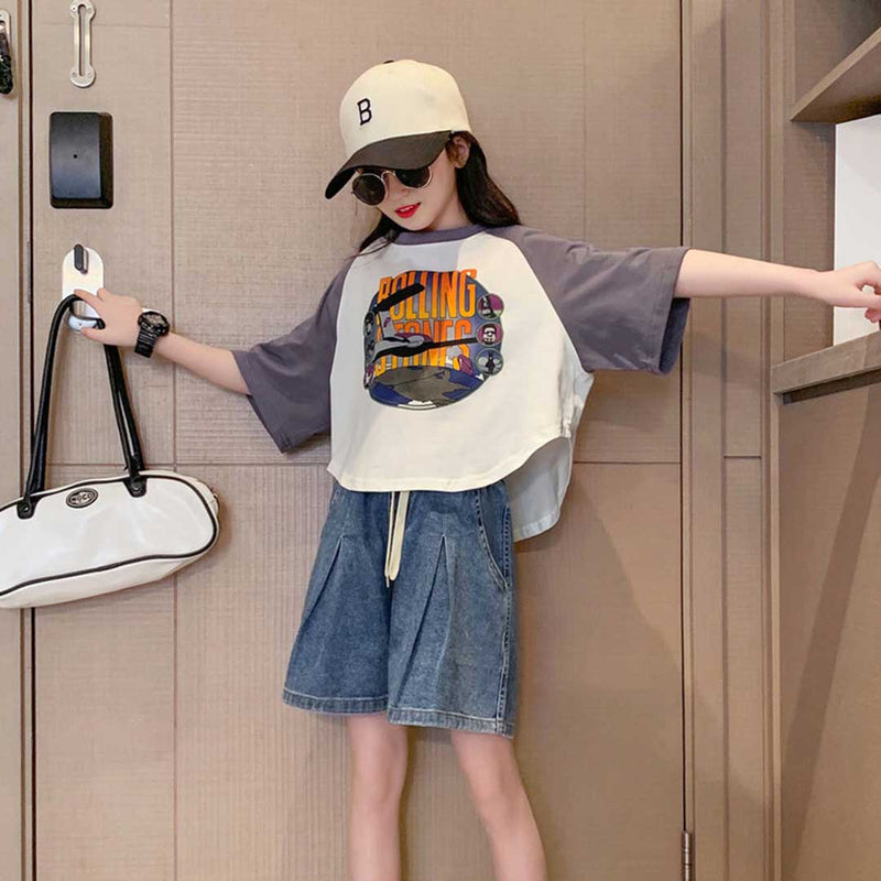 Girls Graphic Print T-Shirt With Denim Shorts Set Sets White 6-7 Y 