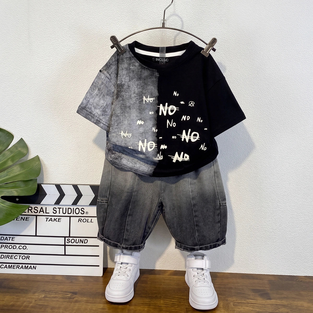 Boys Black Short Sleeve Typography Print T-Shirt With Denim Shorts Sets 2 pc. Sets Black 1-2 Y