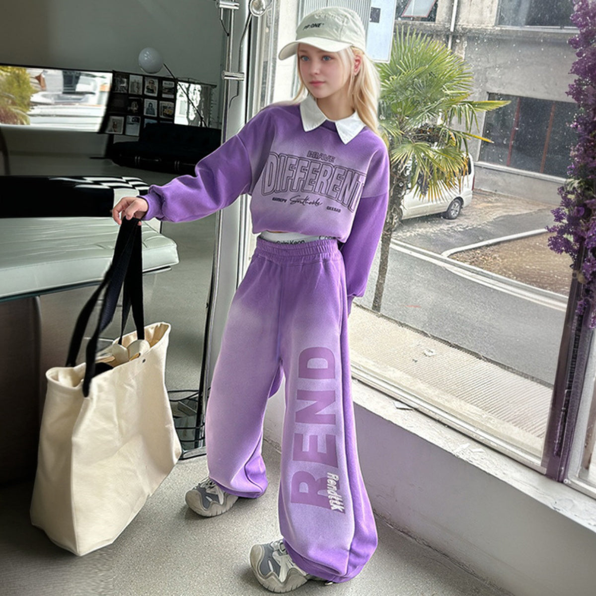 Girls Purple Typographic Printed Winter Sweatshirt With Pants Sets 2 pc. Sets