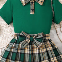 Girls Dark Green Short Sleeve Polo Top With Checked Skirt Sets 2 pc. Sets