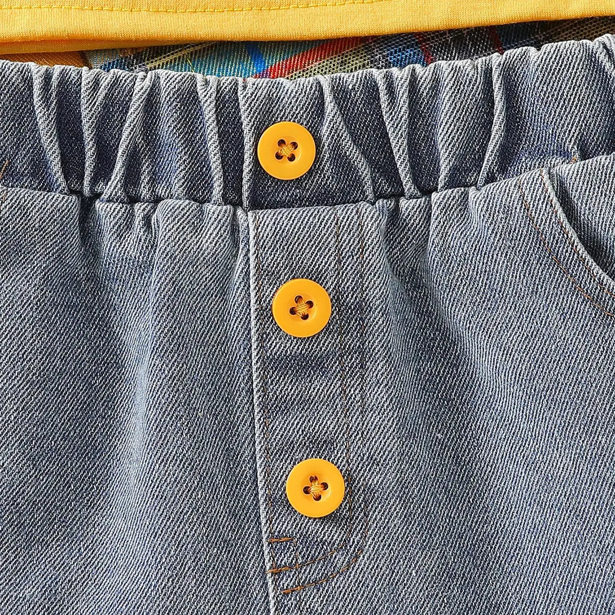 Girls Yellow Checked Shirt With Denim Shorts & Camisole Crop Top Sets Sets