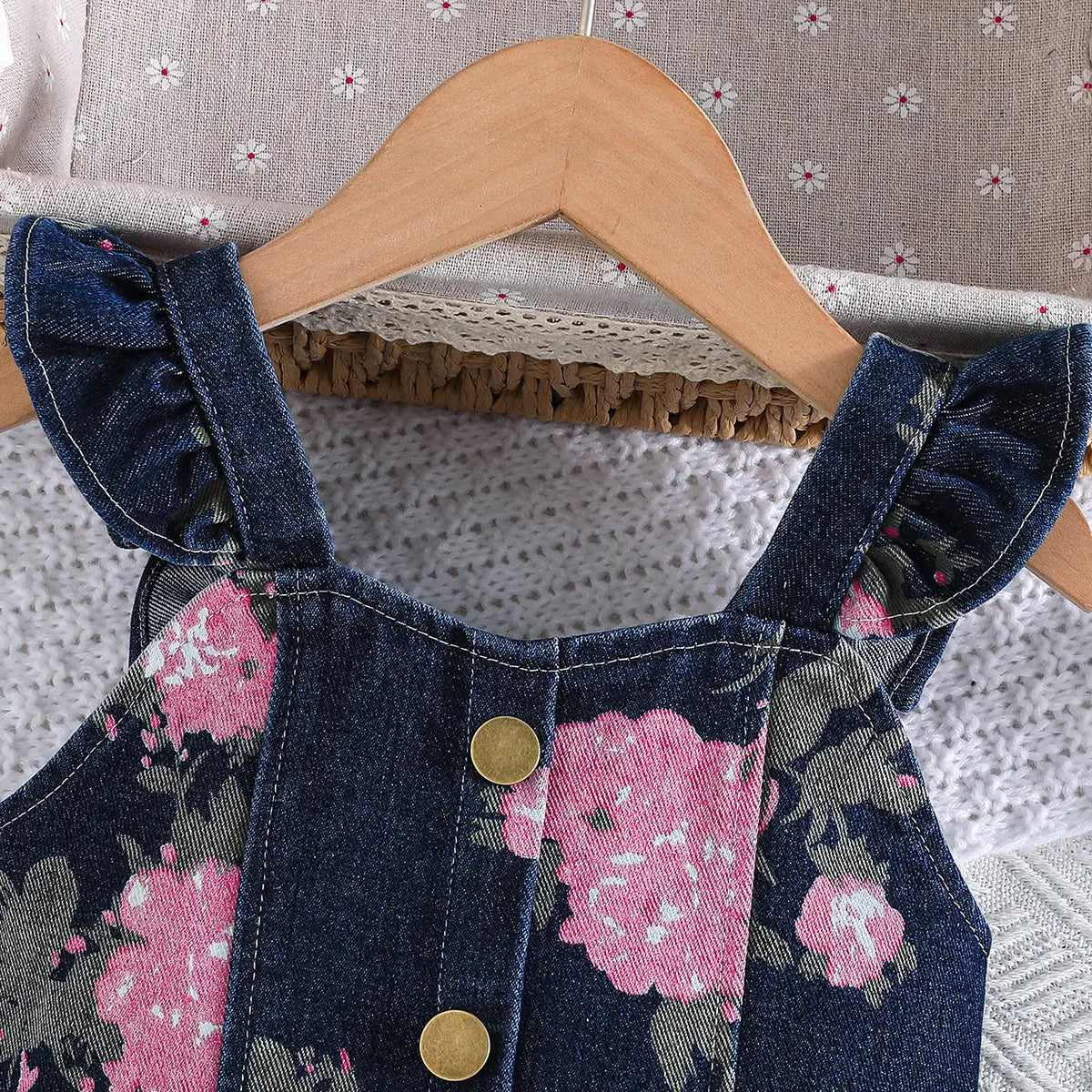 Girls Navy Blue Floral Printed Denim Top And Pleated Skirts Sets 2 pc. Sets