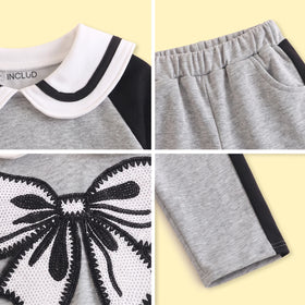 Girls Grey Bow Applique Raglan Sleeve Sweatshirt With Pants Sets 2 pc. Sets