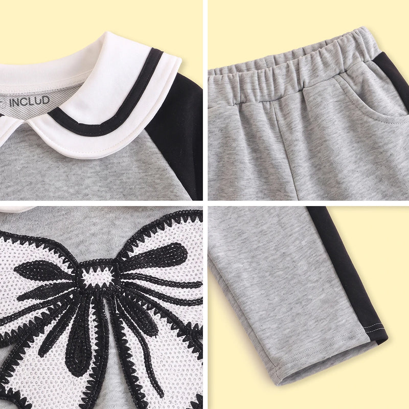 Girls Grey Bow Applique Raglan Sleeve Sweatshirt With Pants Sets 2 pc. Sets