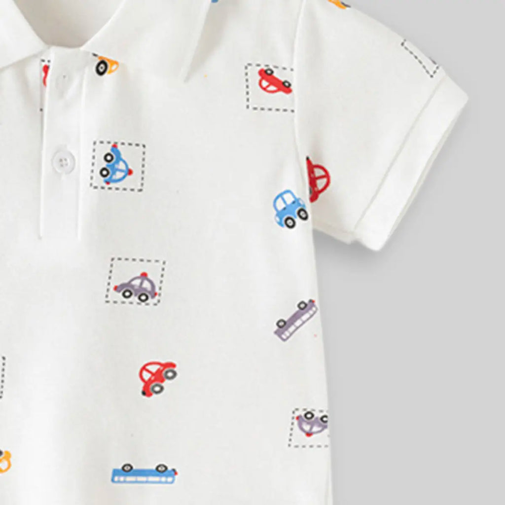 Boys White Short Sleeve Car Printed Polo T-Shirt Tshirts