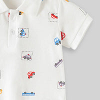 Boys White Short Sleeve Car Printed Polo T-Shirt Tshirts