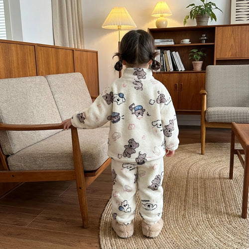 Girls Off White Fleece Bear Printed Zip-up Jacket With Pants Co-ord Sets Sets