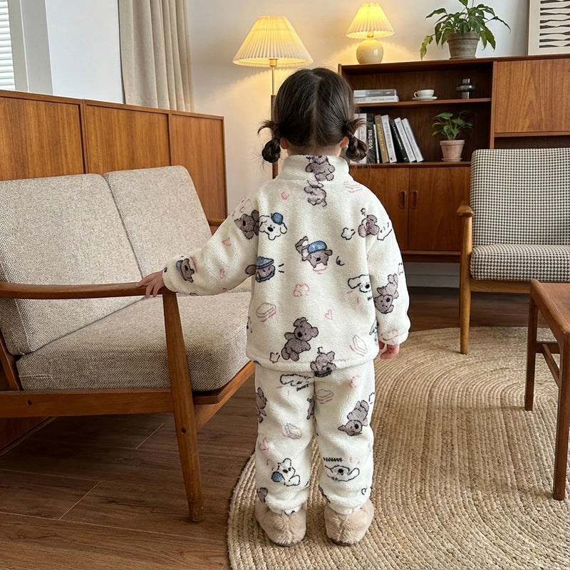 Girls Off White Fleece Bear Printed Zip-up Jacket With Pants Co-ord Sets Sets