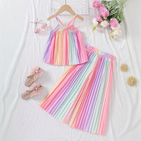 Girls Multicolor Rainbow Stripes Pleated Top & Wide-leg Pants Co-ord Sets Sets
