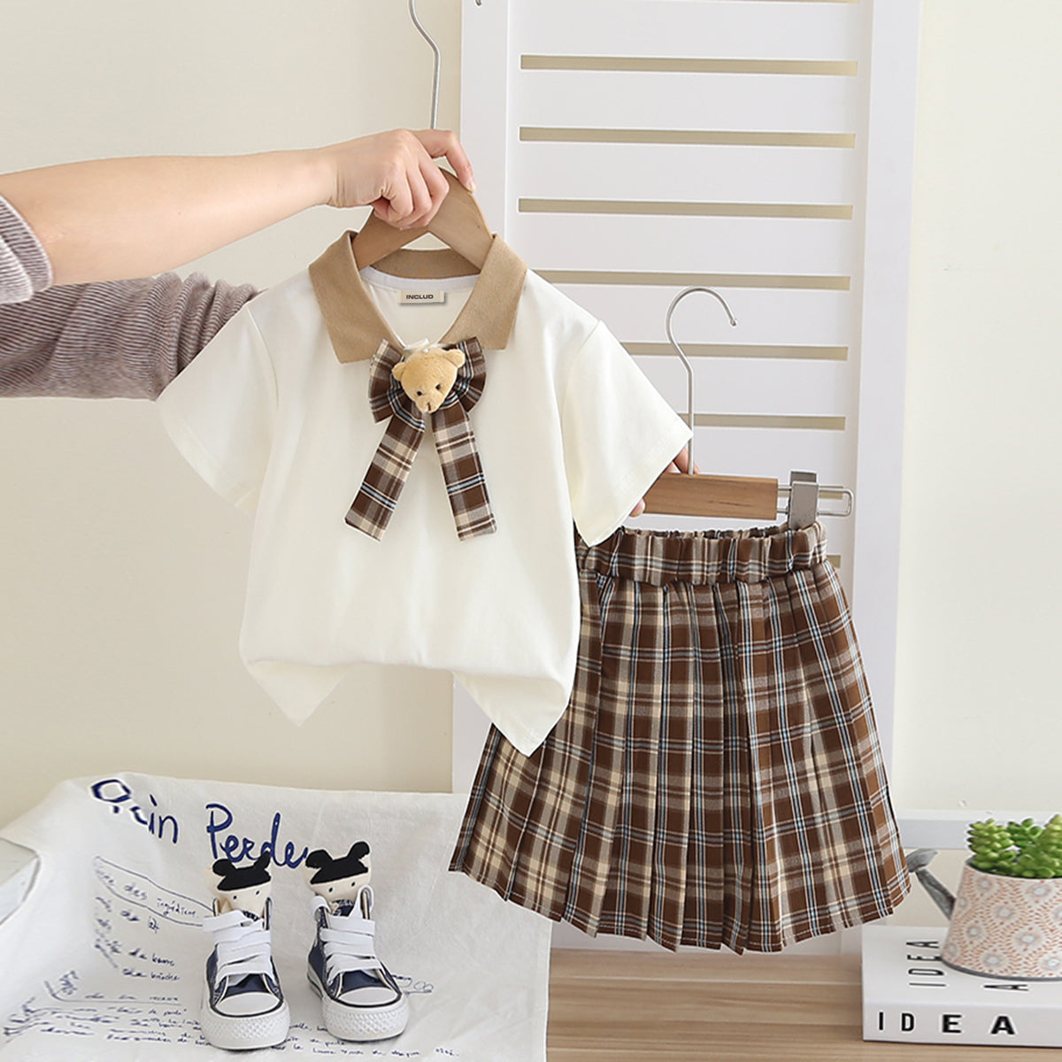 Girls Polo T-Shirt With Dark Brown Neck Tie And Skirt Set 3 pc. Sets Dark Brown 1-2 Y