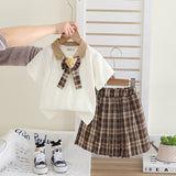 Girls Polo T-Shirt With Dark Brown Neck Tie And Skirt Set