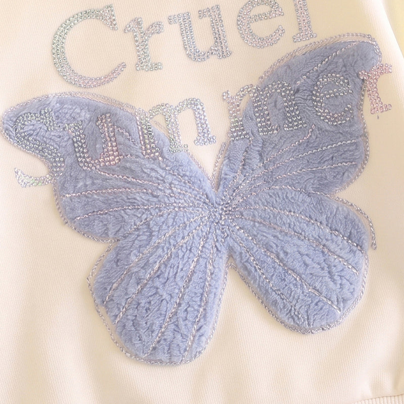 Girls Cream Butterfly Embellished Sweatshirt & Denim Pants Sets Sets