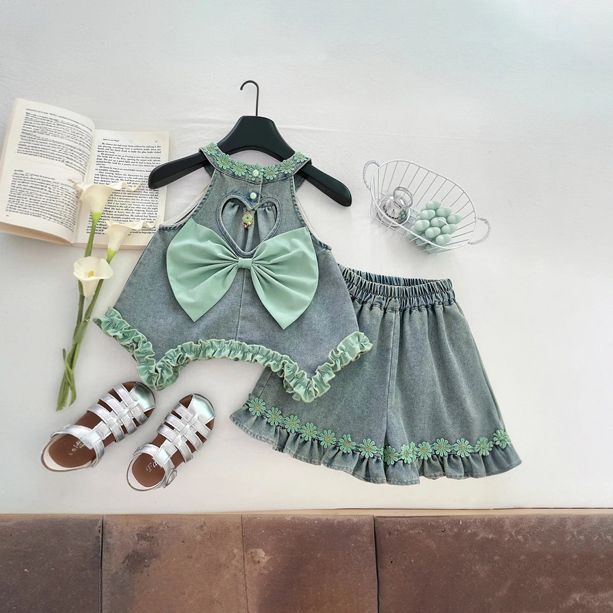 Girls Light Blue Floral Lace Detail Halter Top With Denim Shorts Sets 2 pc. Sets