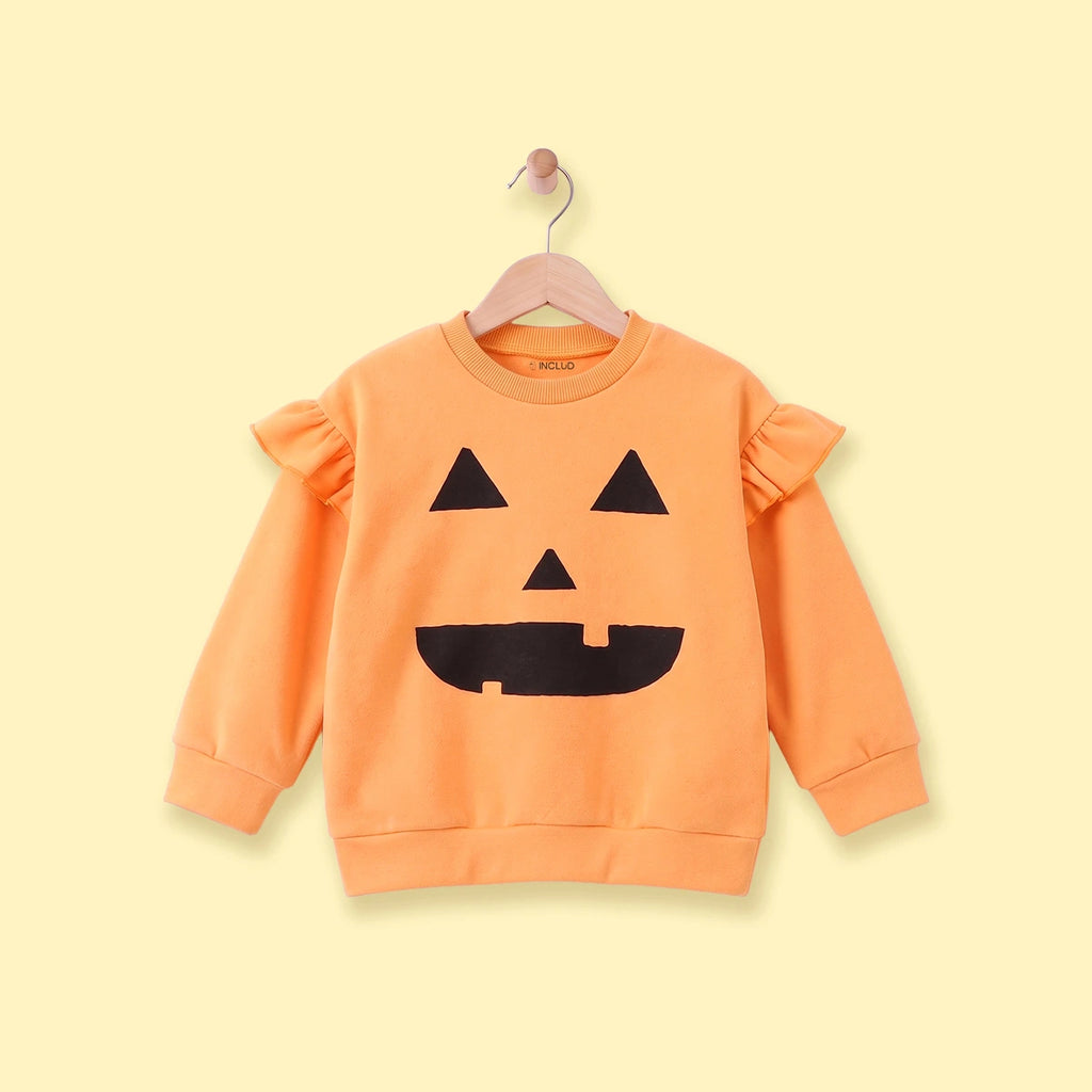 Girls Orange Pumpkin Face Print Sweatshirt Sweatshirts & Hoodies Orange 1-2 Y