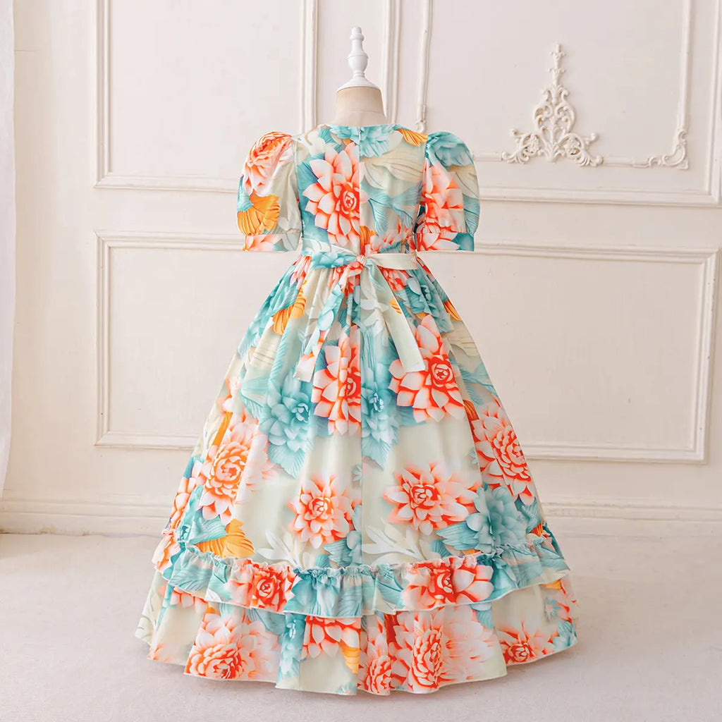 Girls Multicolor Floral Maxi Dress With Puff Sleeves Casual Dresses