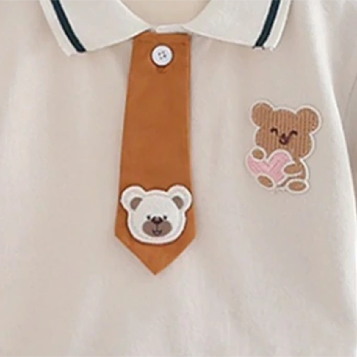 Boys Bear Patch Embroidered Polo T-Shirt With Necktie & Dark Green Shorts Set Sets