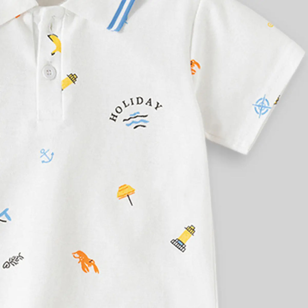 Boys White Short Sleeve Beach Print Polo T-Shirt Tshirts