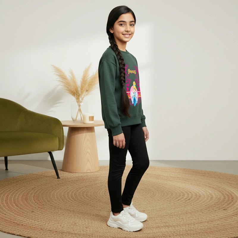 Girls Green Princess Graphics Round Neck Sweatshirt Sweatshirts & Hoodies