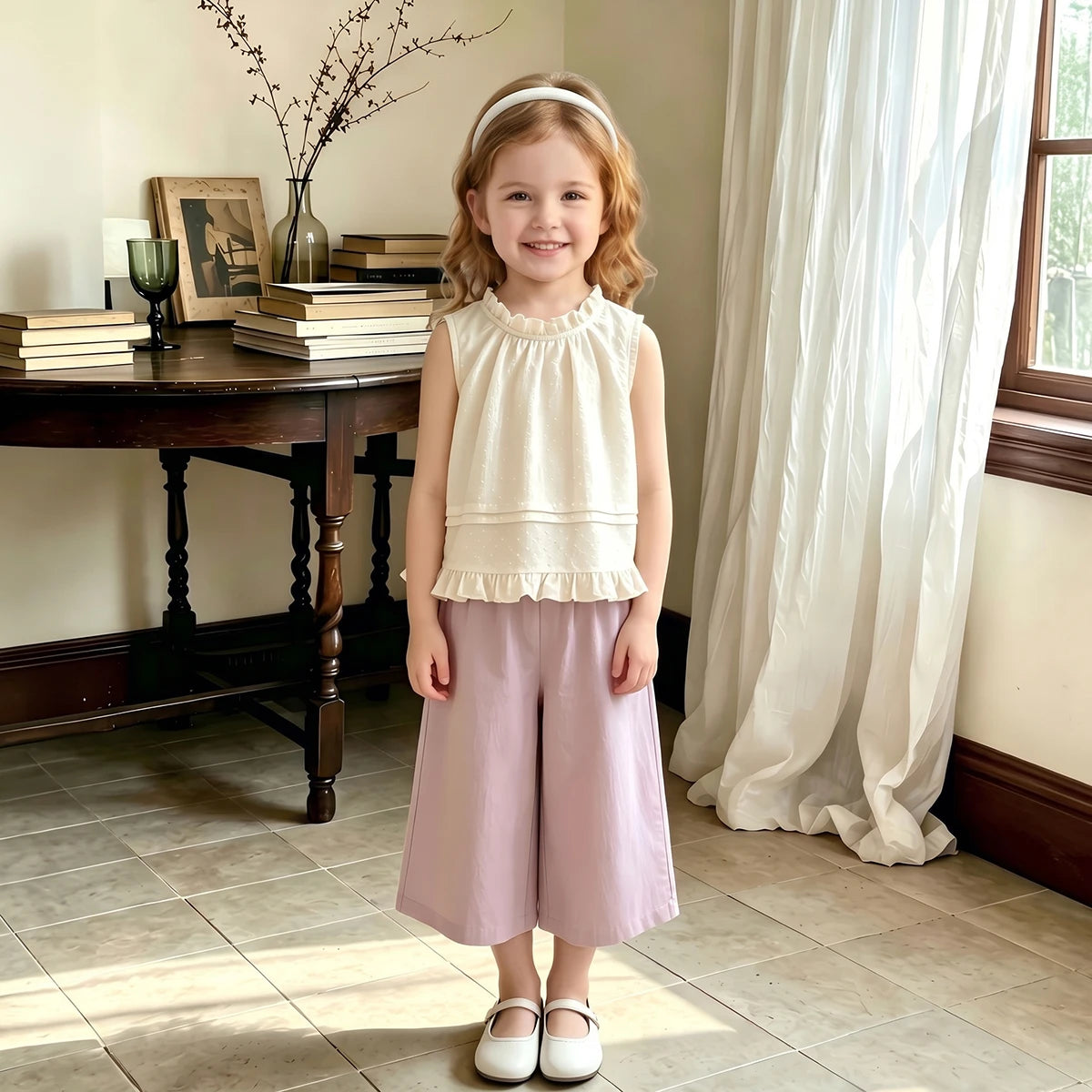 Girls Off White Self-Design Sleeveless Top With Pants Sets 2 pc. Sets