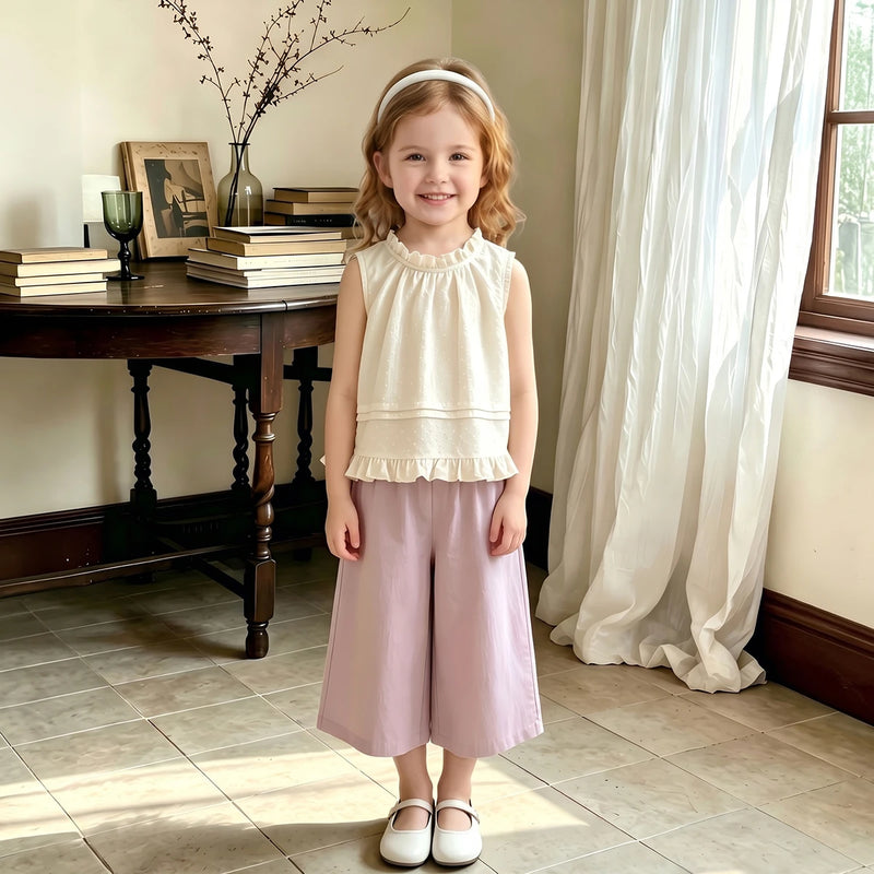 Girls Off White Self-Design Sleeveless Top With Pants Sets 2 pc. Sets