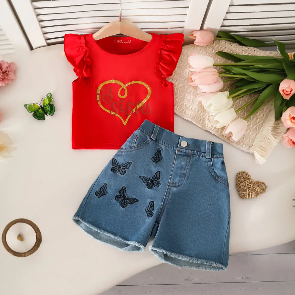 Girls Red Graphics Top With Embroidered Denim Shorts Set Sets Red 2-3 Y