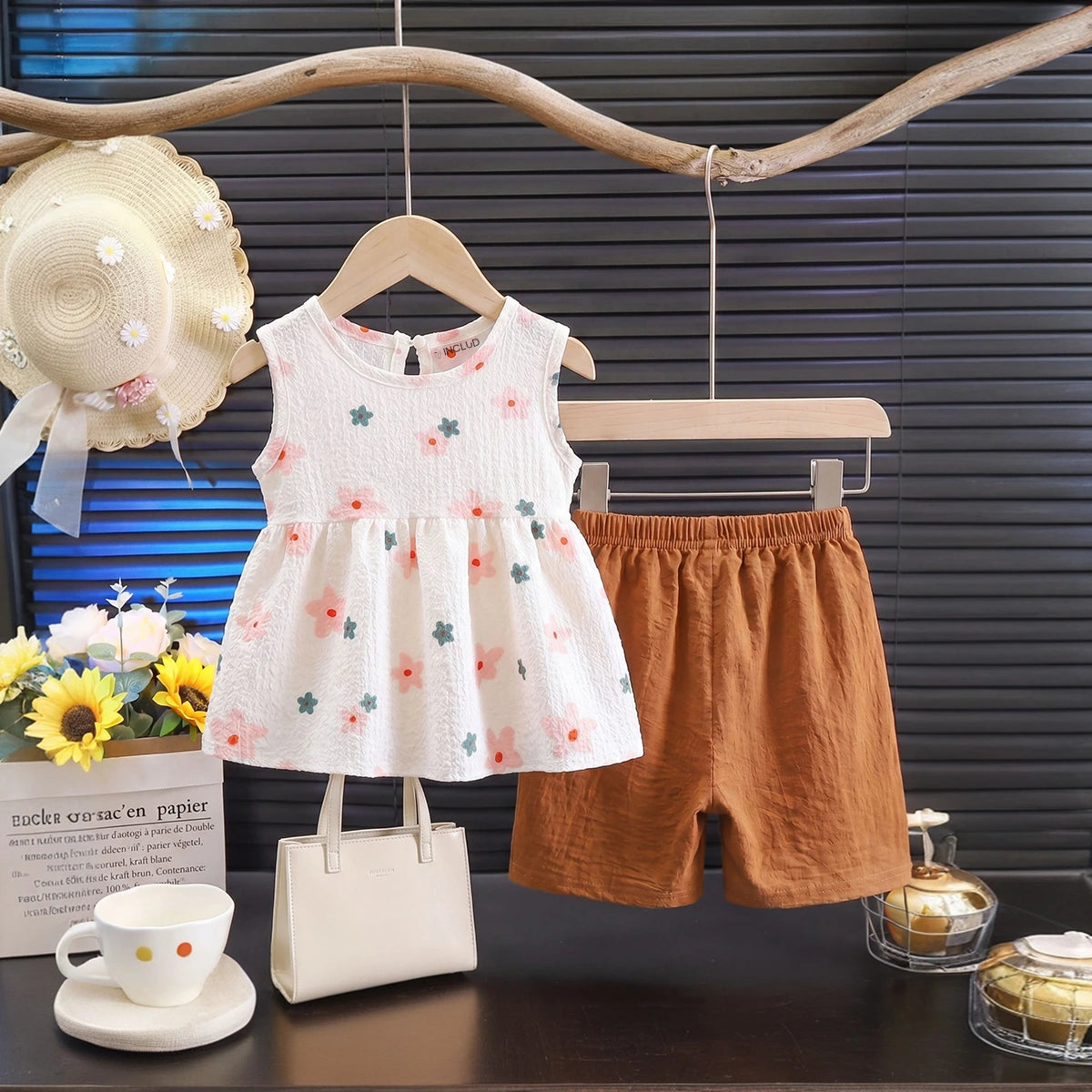 Girls White Floral Print Sleeveless Peplum Top With Shorts Sets 2 pc. Sets White 1-2 Y