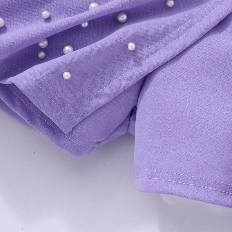 Girls Short Sleeve T-Shirt With Purple Beaded Shorts Set 2 pc. Sets