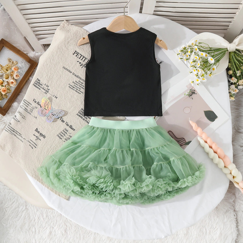 Girls 3D Flowers Applique Top With Green Tiered Tulle Skirts Set Sets
