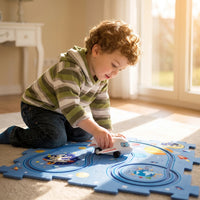 Unisex airplane toy on puzzle track mat with dinosaur and space designs